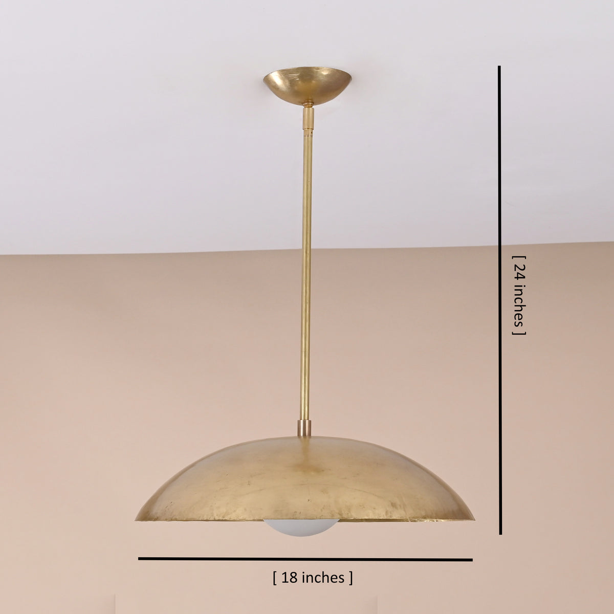 Handcrafted brass dome pendant light showing 18-inch width and 24-inch height, modern ceiling lamp by Brass Leaf Studio