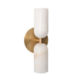 Front view of the Sloane Double Cylinder Alabaster Wall Sconce with symmetrical double alabaster cylinder shades and round brass backplate.
