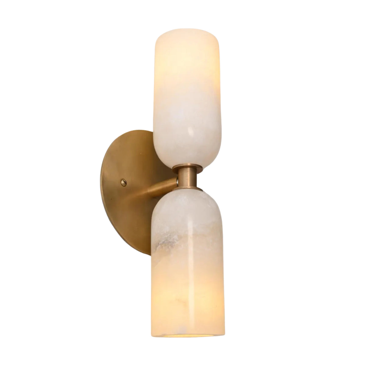 Perspective view of the Sloane Double Cylinder Alabaster Wall Sconce featuring premium solid brass construction and genuine alabaster shades.