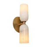 Perspective view of the Sloane Double Cylinder Alabaster Wall Sconce featuring premium solid brass construction and genuine alabaster shades.