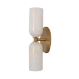 Side profile of the Sloane Double Cylinder Alabaster Wall Sconce showcasing the brass arm and handcrafted alabaster cylinder shades.