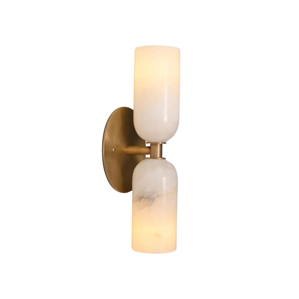 Three-quarter illuminated view of the Sloane Double Cylinder Alabaster Wall Sconce highlighting the translucent natural alabaster shades.