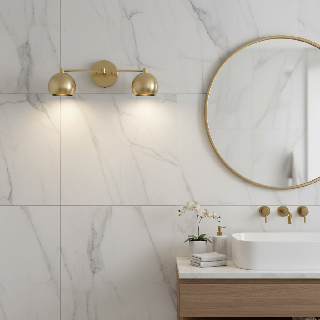 Sloane 2 light double dome wall sconce in brass tone shown from left angled view – Model 32811
