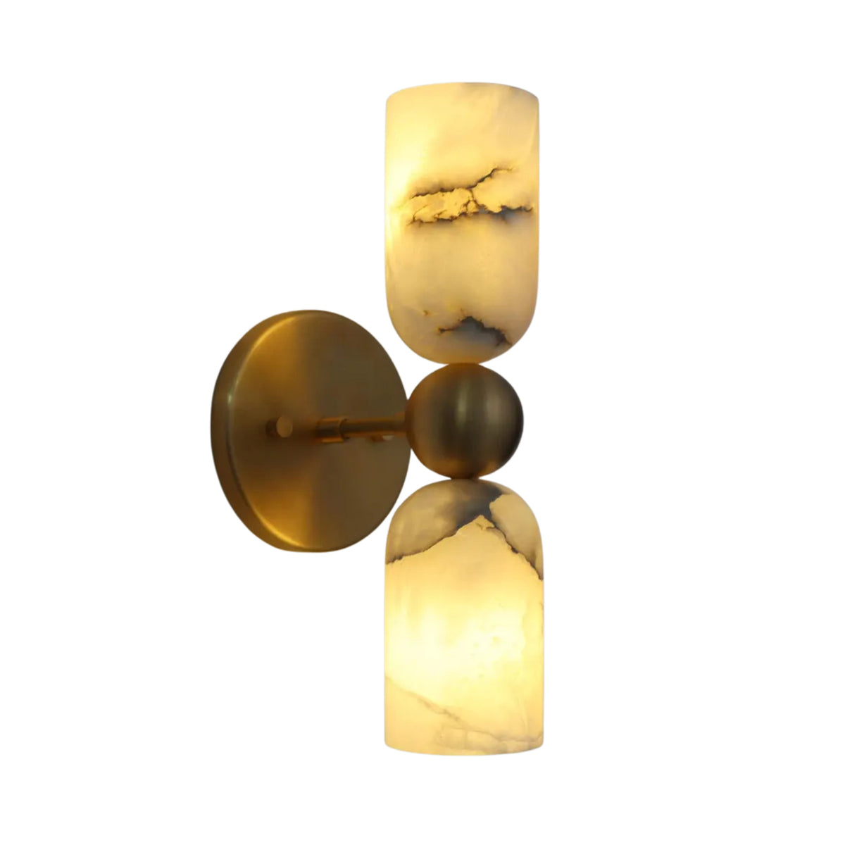 Front angled view of the Sloane Dual Alabaster Cylinder Wall Sconce featuring handcrafted natural alabaster shades, solid brass backplate, and sculptural sphere center.