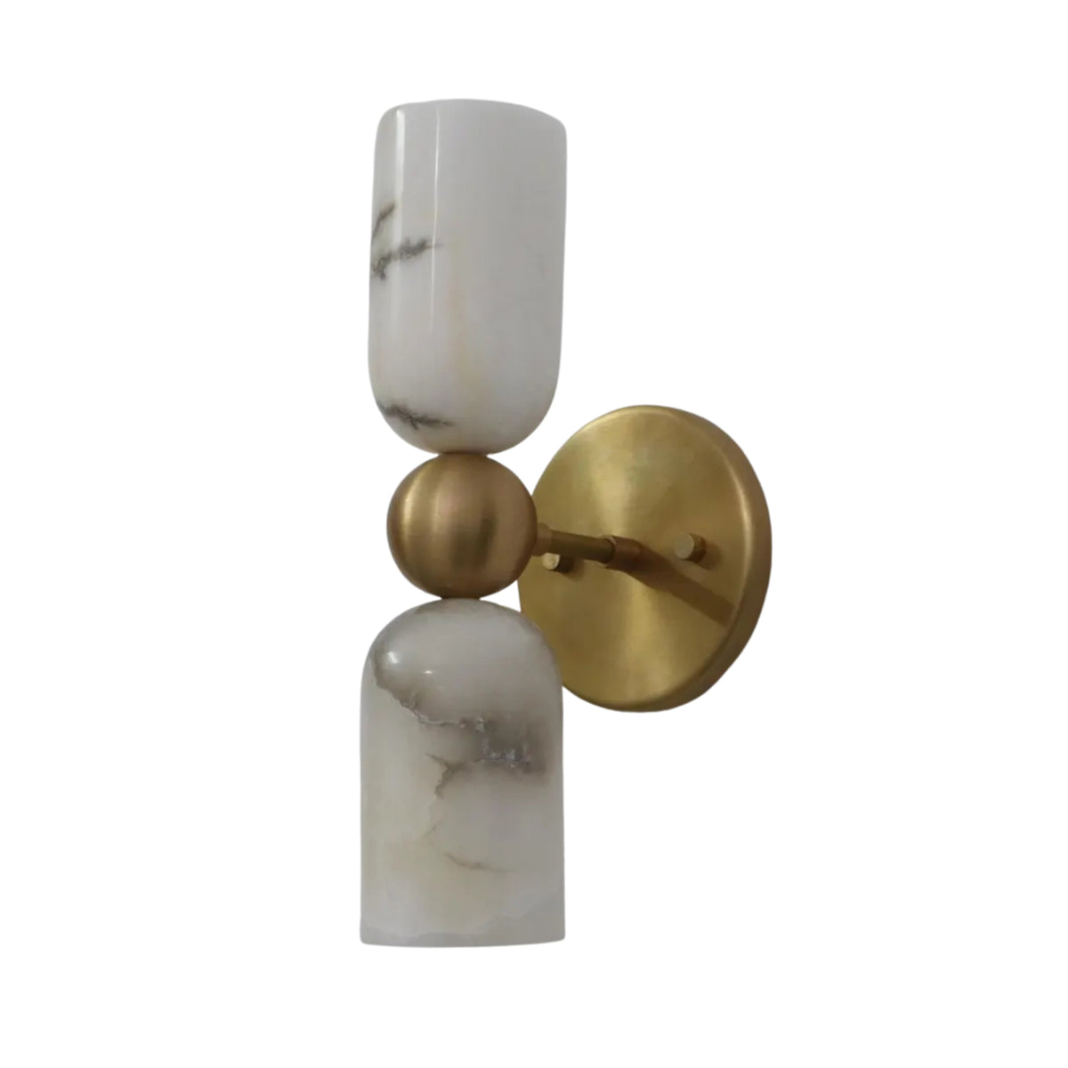 Side perspective of the Sloane Dual Alabaster Cylinder Wall Sconce highlighting the brass wall canopy, center sphere, and genuine alabaster shades.