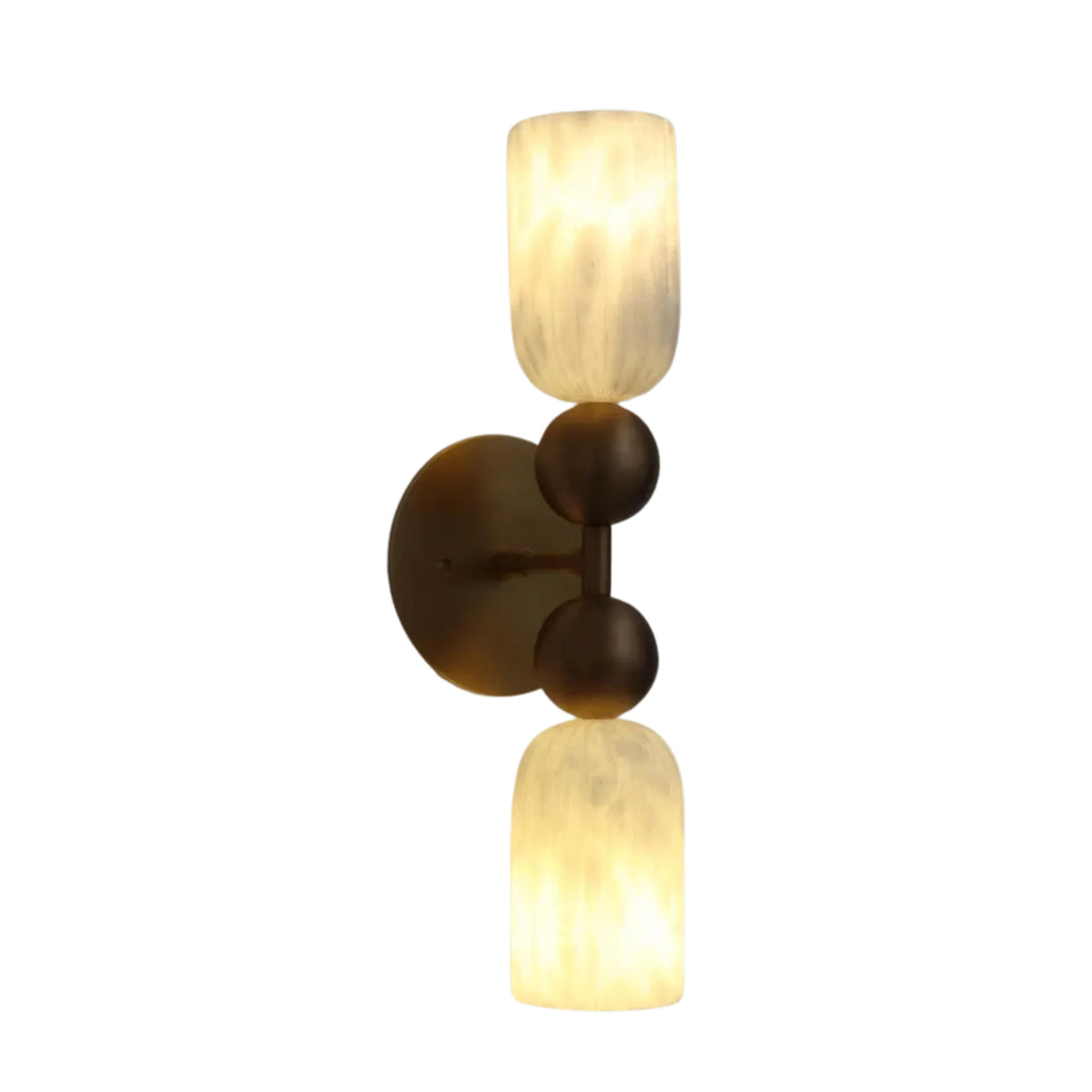 Front view of the Sloane Dual Alabaster Globe Wall Sconce with vertically aligned natural alabaster cylinder shades and sculptural solid brass sphere detailing.