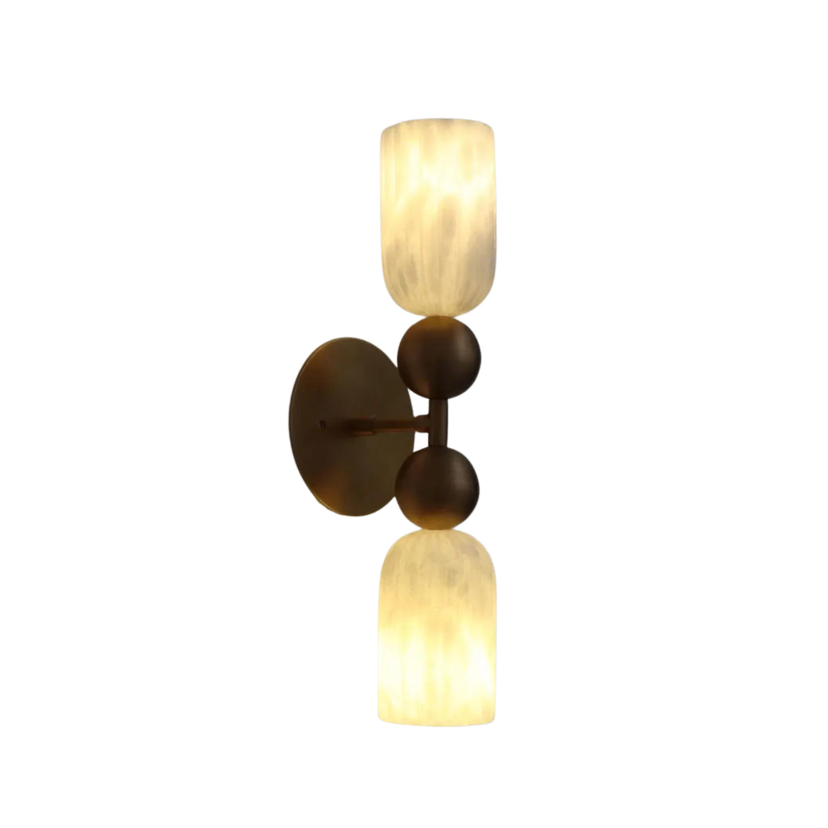 Side profile of the Sloane Dual Alabaster Globe Wall Sconce showcasing the slim vertical brass frame, spherical accents, and glowing alabaster cylinder shades.