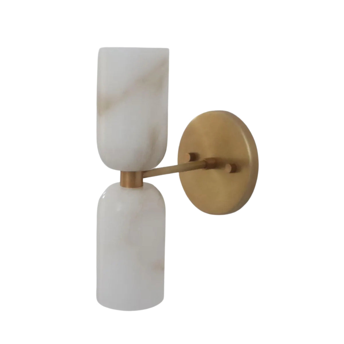 Front elevation of the Sloane Dual Alabaster Wall Sconce with vertically aligned alabaster cylinder shades on a round brass backplate.