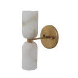 Front elevation of the Sloane Dual Alabaster Wall Sconce with vertically aligned alabaster cylinder shades on a round brass backplate.