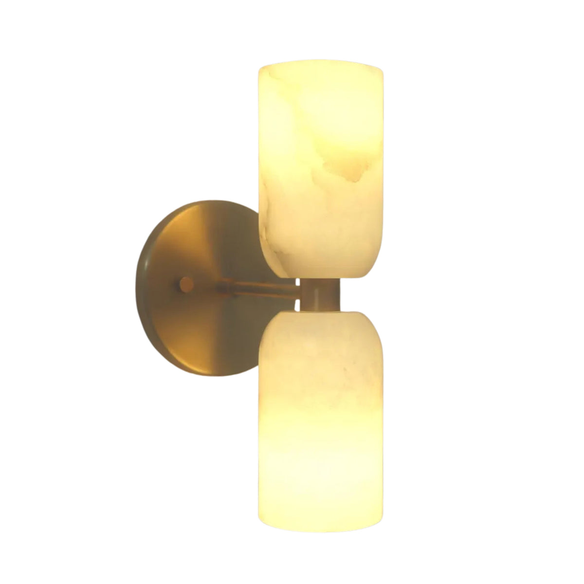 Sloane Dual Alabaster Wall Sconce with vertically stacked cylindrical alabaster shades illuminated on a brushed brass backplate, front view.