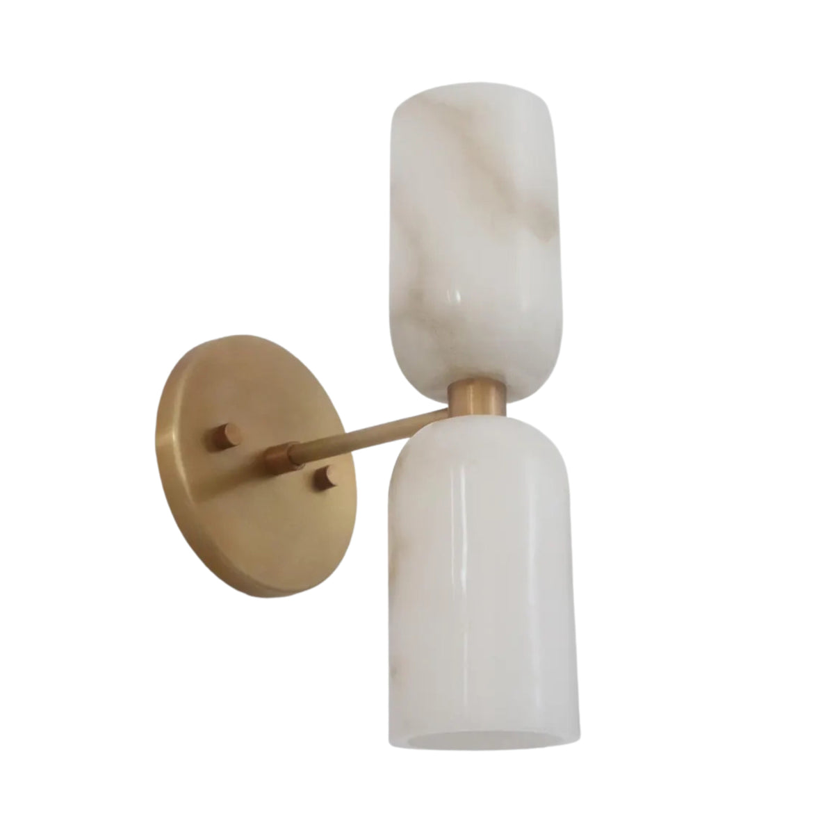 Left angled view of the Sloane Dual Alabaster Wall Sconce featuring dual cylindrical alabaster shades and a brushed brass wall mount.