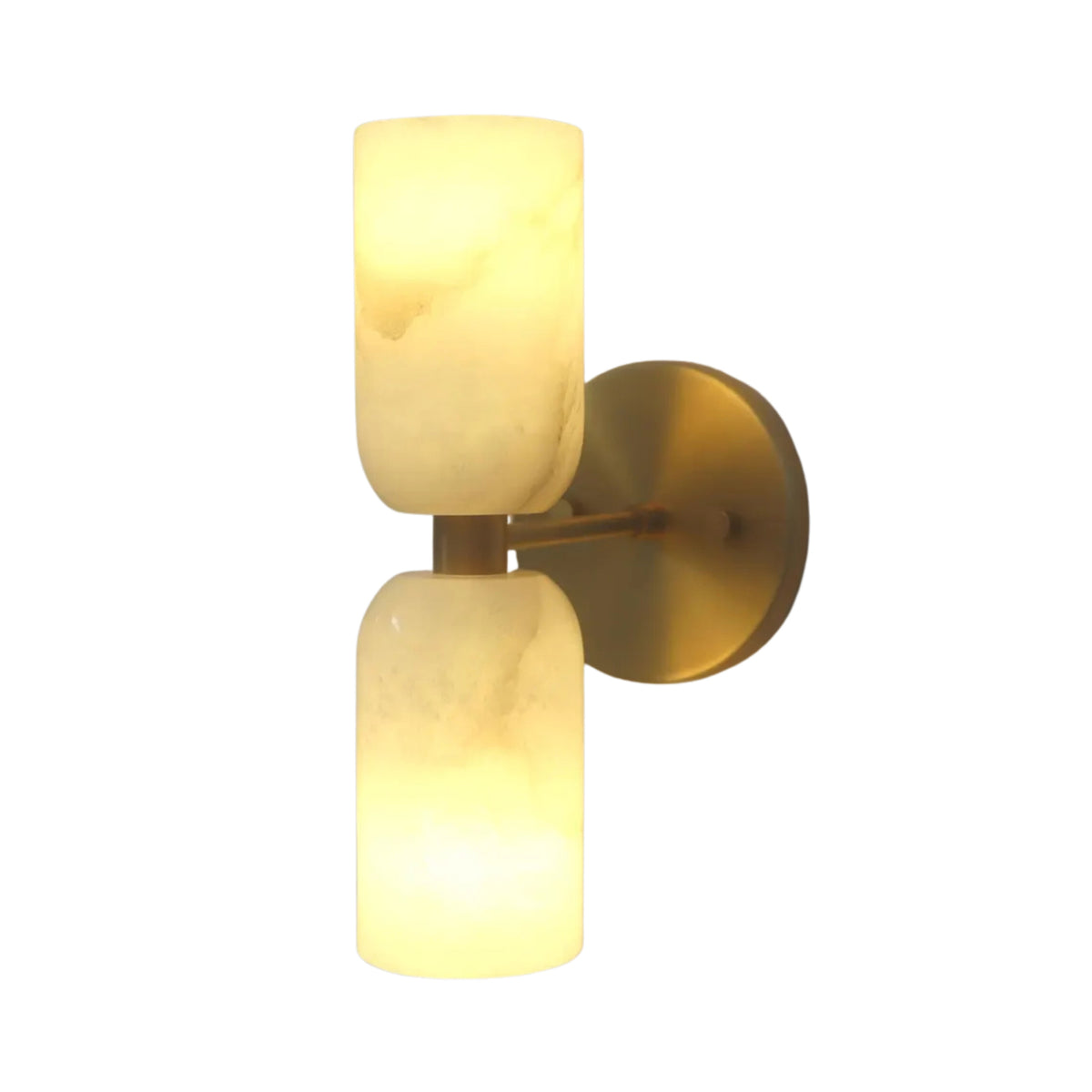Illuminated side view of the Sloane Dual Alabaster Wall Sconce with warm glowing alabaster shades and brushed brass finish.