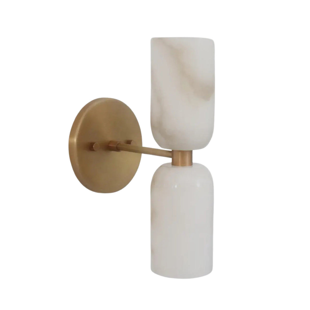 Rear angled view of the Sloane Dual Alabaster Wall Sconce displaying the brass mounting plate and dual alabaster cylinder shades.