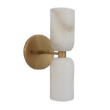 Right angled view of the Sloane Dual Alabaster Wall Sconce showcasing handcrafted alabaster cylinder shades and solid brass hardware.