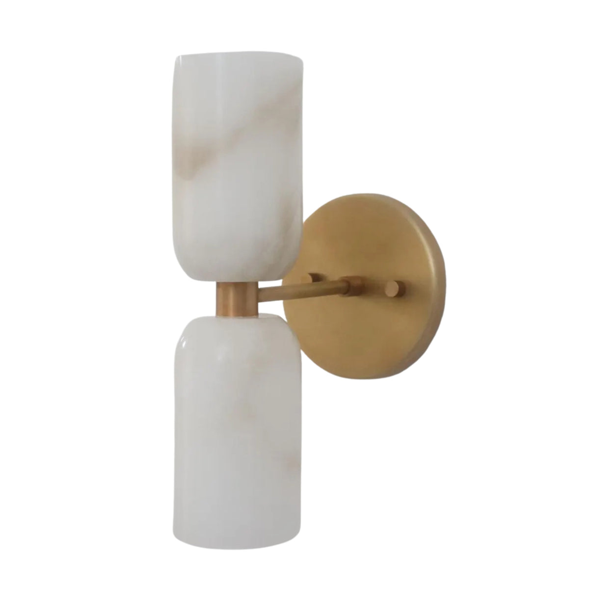 Side perspective of the Sloane Dual Alabaster Wall Sconce highlighting the slim brass arm and dual alabaster cylindrical shades.