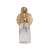 Front view of the Sloane Fluted Alabaster Wall Sconce displaying a vertically fluted natural alabaster cylinder shade with decorative double brass globe accents.