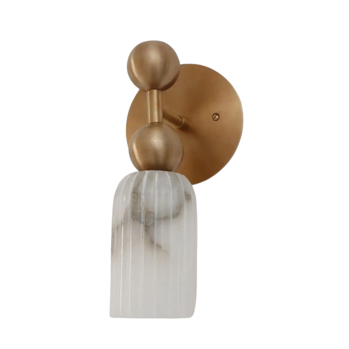 Rear angled view of the Sloane Fluted Alabaster Wall Sconce showcasing the solid brass mounting arm, decorative globe accents, and natural fluted alabaster shade.