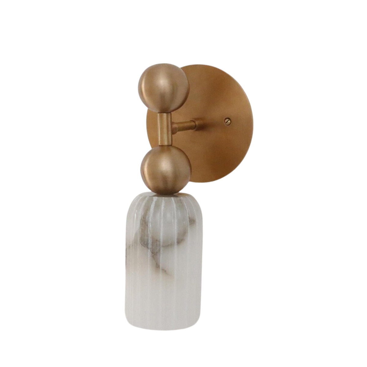 Side view of the Sloane Fluted Alabaster Wall Sconce showcasing the handcrafted fluted alabaster shade, premium brass arm, and circular wall canopy.