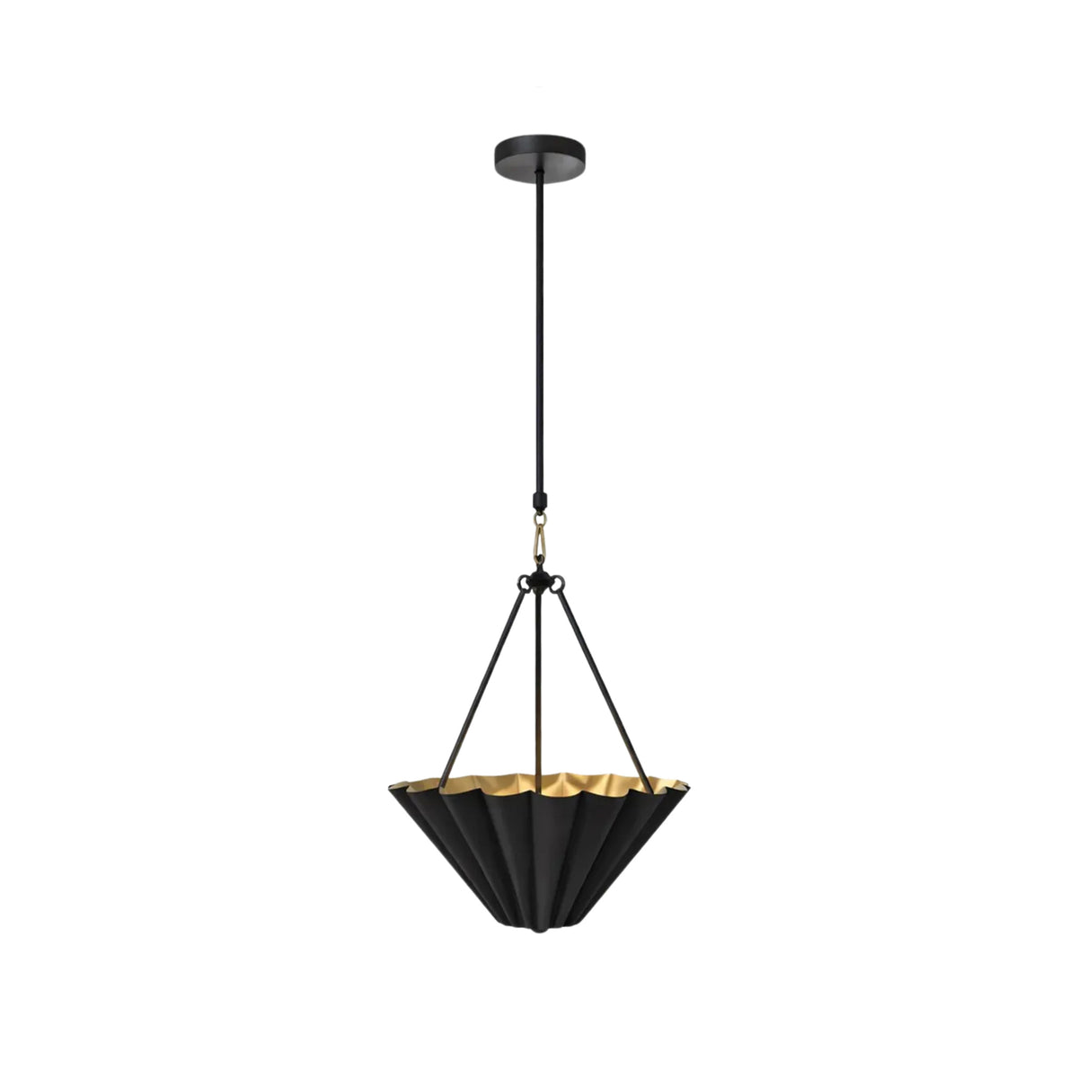 Angled perspective of Sloane fluted bowl pendant light highlighting its fluted metal shade and decorative brass loop suspension.