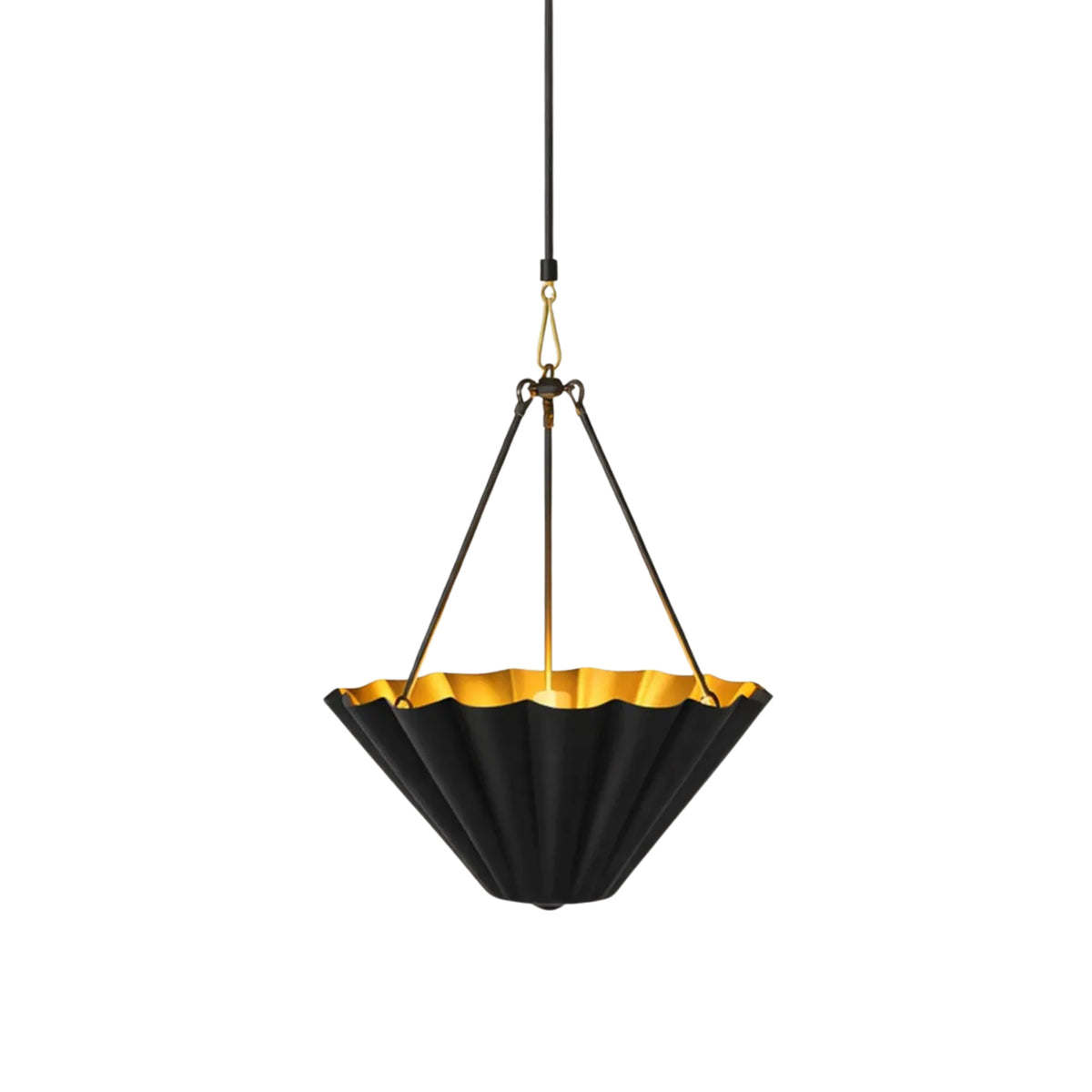 Front view of Sloane fluted bowl pendant light featuring a matte black sculpted metal shade with brushed brass interior and decorative suspension.