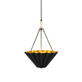 Front view of Sloane fluted bowl pendant light featuring a matte black sculpted metal shade with brushed brass interior and decorative suspension.
