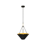 Illuminated front view of Sloane fluted bowl pendant light with warm brass interior casting a soft ambient glow.