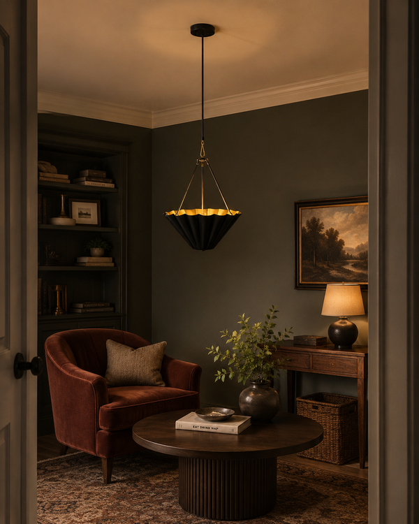 Sloane fluted bowl pendant light installed in a modern living room, providing warm ambient illumination with its brushed brass interior and sculpted black metal shade.
