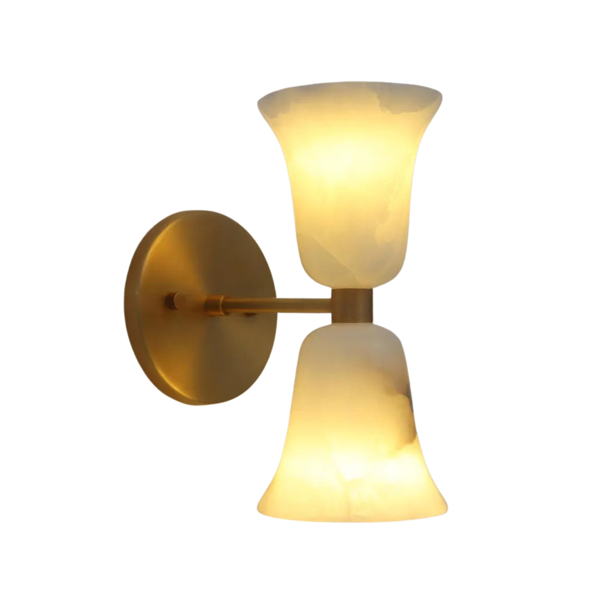 Angled illuminated view of the Sloane Hourglass Alabaster Wall Sconce highlighting translucent alabaster shades and handcrafted brass construction.