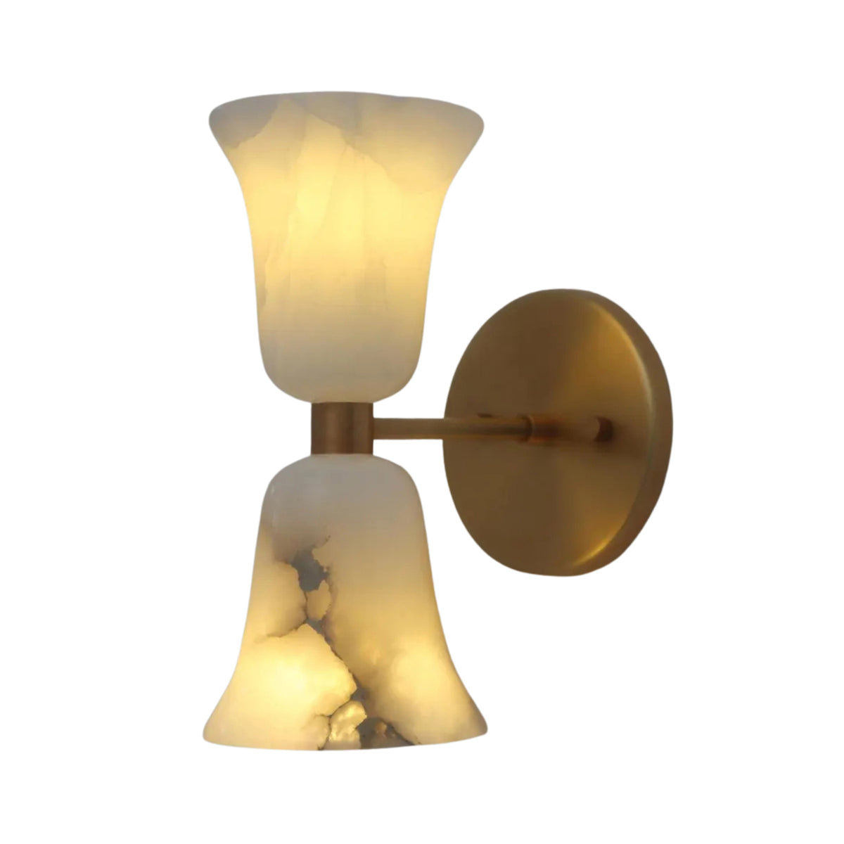 Front illuminated view of the Sloane Hourglass Alabaster Wall Sconce featuring handcrafted double flared alabaster shades with a solid brass backplate and warm ambient lighting.