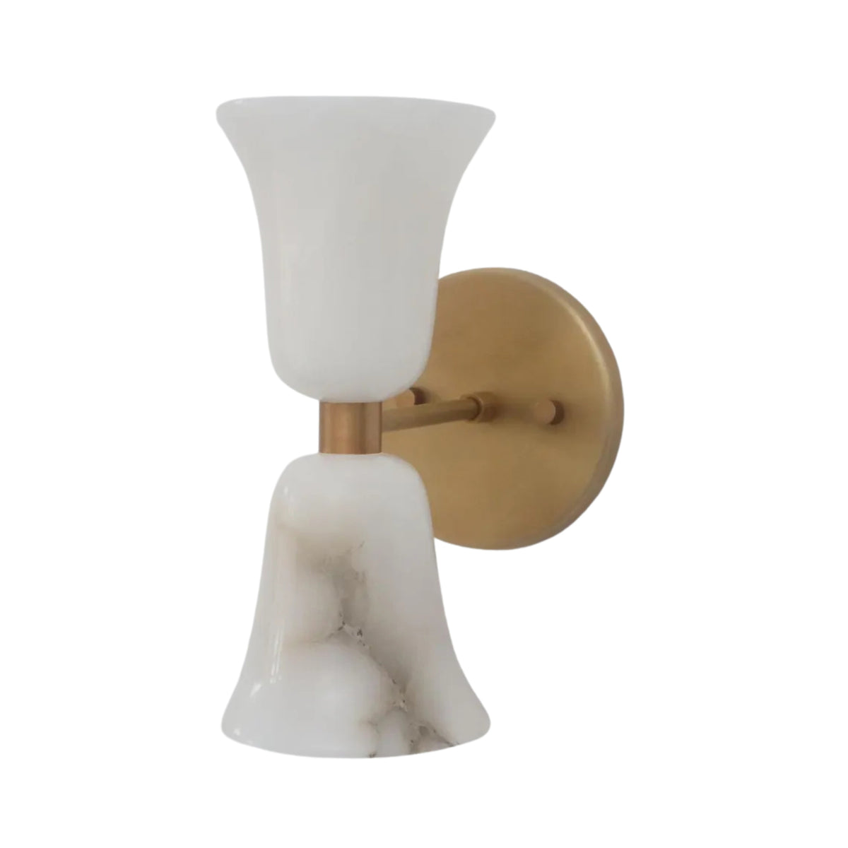 Perspective view of the Sloane Hourglass Alabaster Wall Sconce emphasizing its sculptural hourglass silhouette and luxurious alabaster shades.