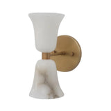Perspective view of the Sloane Hourglass Alabaster Wall Sconce emphasizing its sculptural hourglass silhouette and luxurious alabaster shades.
