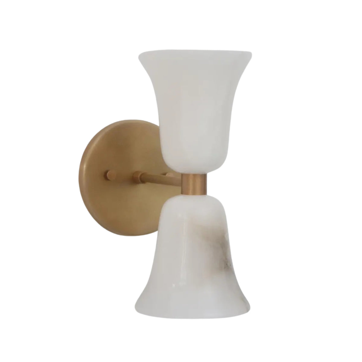 Rear angled view of the Sloane Hourglass Alabaster Wall Sconce featuring handcrafted natural alabaster shades with a premium brass circular backplate.