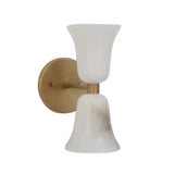 Rear angled view of the Sloane Hourglass Alabaster Wall Sconce featuring handcrafted natural alabaster shades with a premium brass circular backplate.