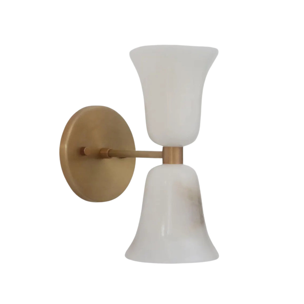 Side profile of the Sloane Hourglass Alabaster Wall Sconce displaying elegant flared alabaster shades and solid brass mounting hardware.