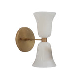 Side profile of the Sloane Hourglass Alabaster Wall Sconce displaying elegant flared alabaster shades and solid brass mounting hardware.