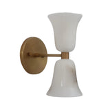 Side profile of the Sloane Hourglass Alabaster Wall Sconce showcasing flared natural alabaster shades, solid brass arm, and minimalist modern wall mount.