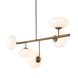 Alternate product view of Sloane linear brass chandelier with five softly diffused opal glass shades.