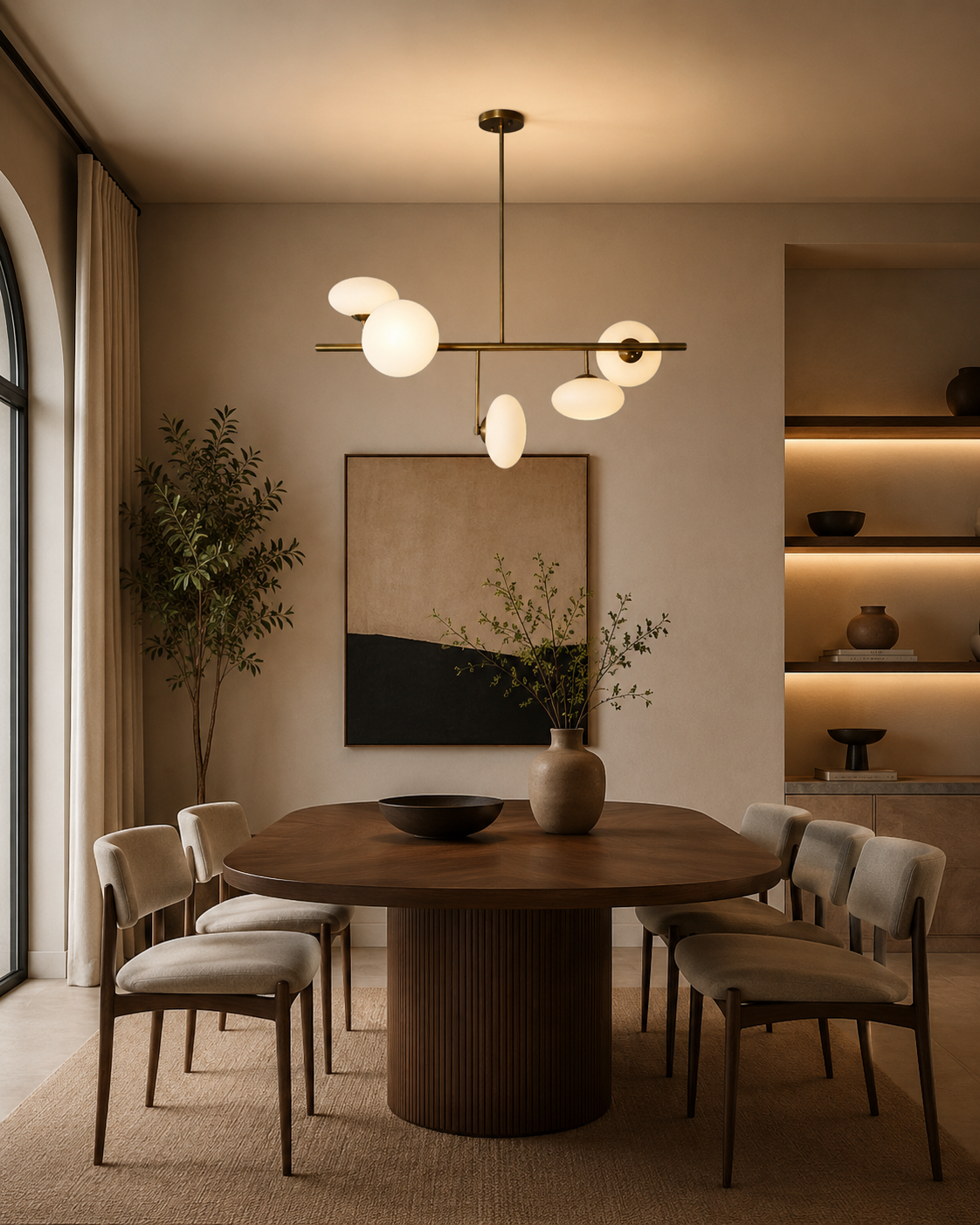 Sloane 5 light linear opal glass chandelier with brass frame displayed above a modern dining table.