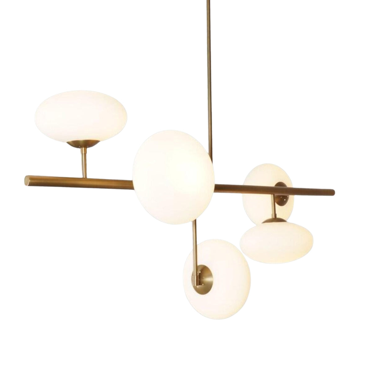 Front angled view of Sloane opal glass chandelier featuring a modern linear brass structure and five lights.