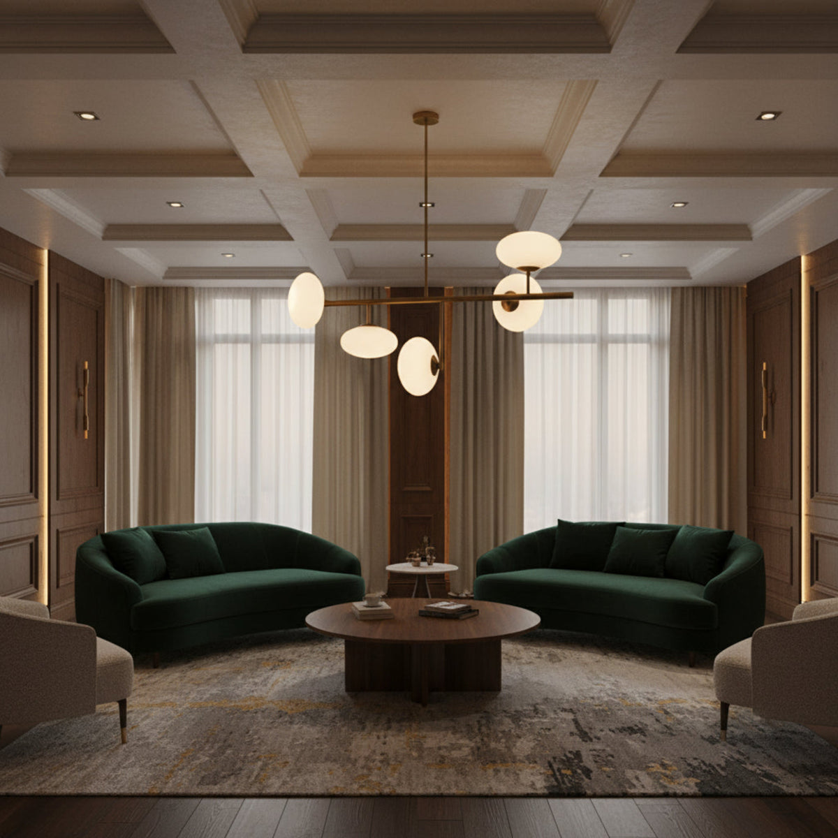 Reverse angled view of Sloane 5 light linear chandelier highlighting its sculptural opal glass shade arrangement.