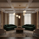 Reverse angled view of Sloane 5 light linear chandelier highlighting its sculptural opal glass shade arrangement.