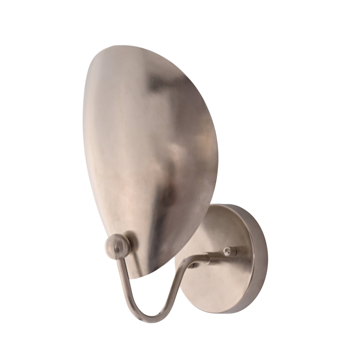 Angled perspective of the Sloane Modern Oval Shield Wall Sconce highlighting the sculptural curved support arm and oversized oval shield design.