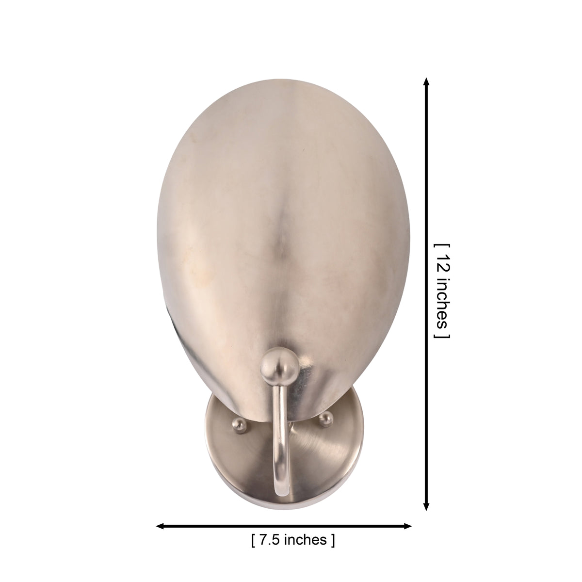 Front view of the Sloane Modern Oval Shield Wall Sconce displaying the handcrafted oversized oval metal shield with overall dimensions of 12 inches high and 7.5 inches wide.