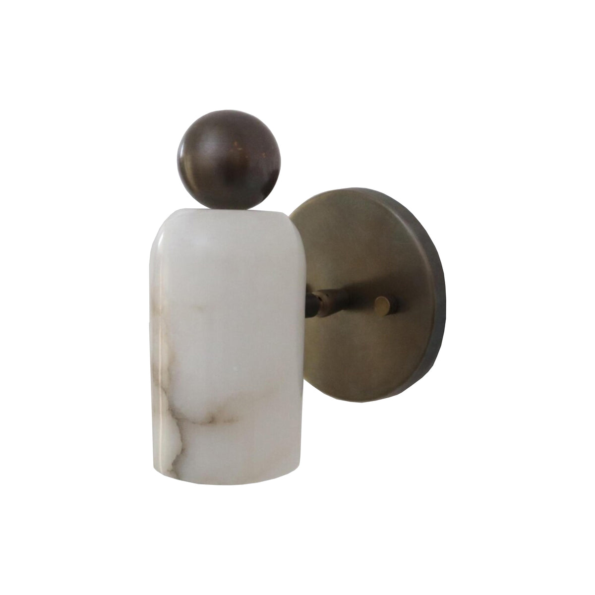 Angled view of the Sloane Rounded Alabaster Wall Sconce showcasing the handcrafted alabaster cylinder, globe finial, and premium metal wall mount.