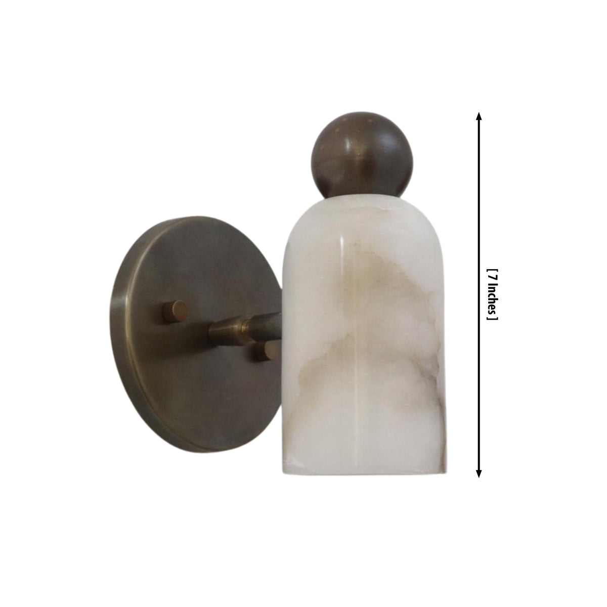 Dimension view of the Sloane Rounded Alabaster Wall Sconce showing the 7-inch overall height with handcrafted alabaster shade and globe finial.