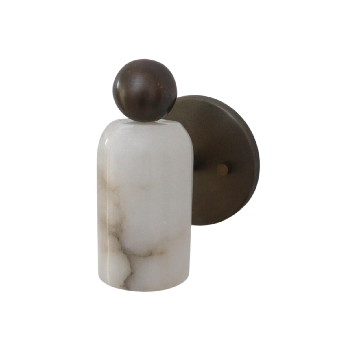Front view of the Sloane Rounded Alabaster Wall Sconce featuring a solid alabaster cylindrical shade with natural veining and decorative globe accent.