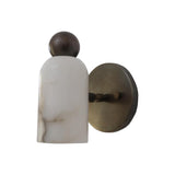 Side profile of the Sloane Rounded Alabaster Wall Sconce featuring a rounded alabaster shade, decorative globe top, and circular metal backplate.