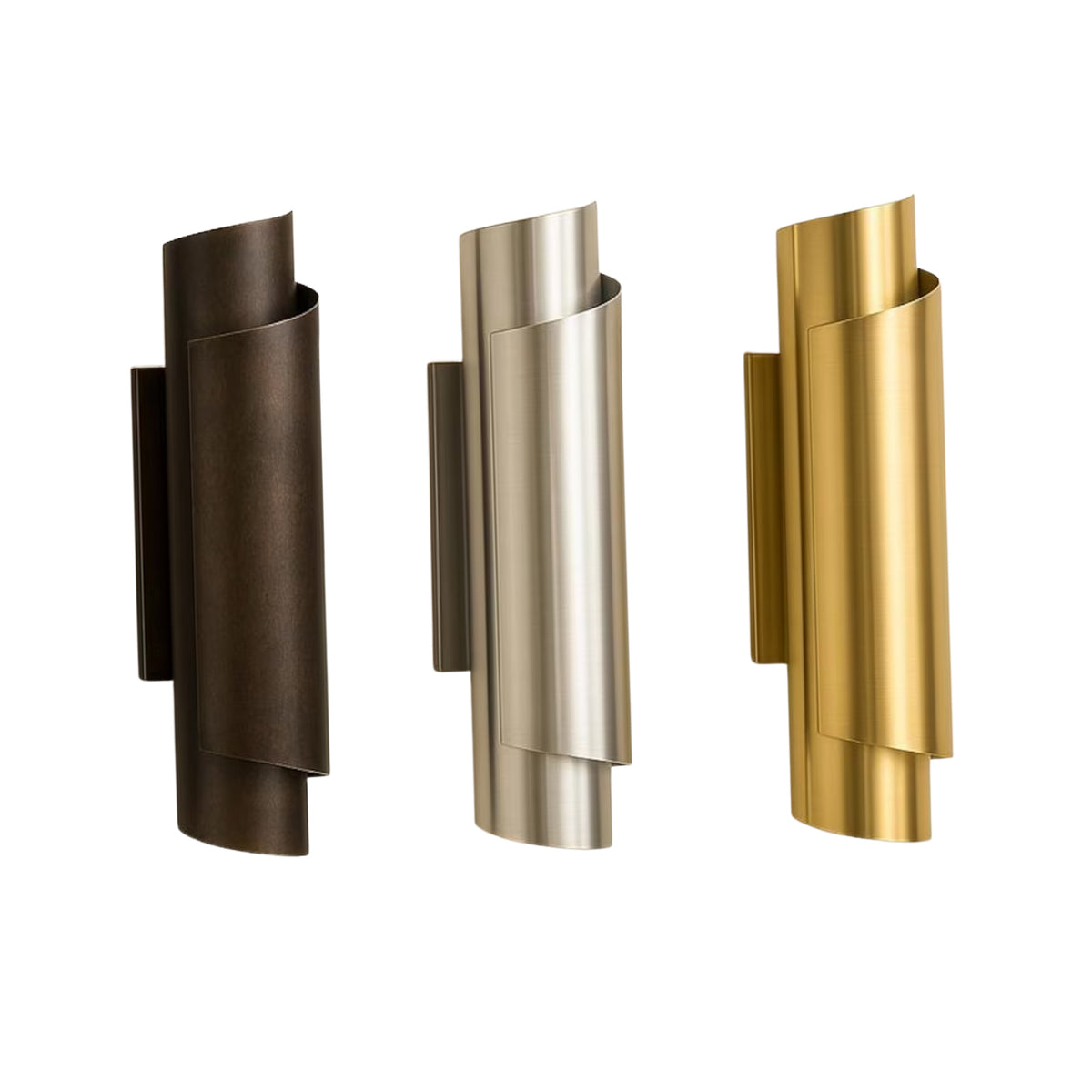 Sloane layered curved wall sconce shown in bronze, satin nickel and brass finish options – Model 32758
