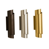 Sloane layered curved wall sconce shown in bronze, satin nickel and brass finish options – Model 32758