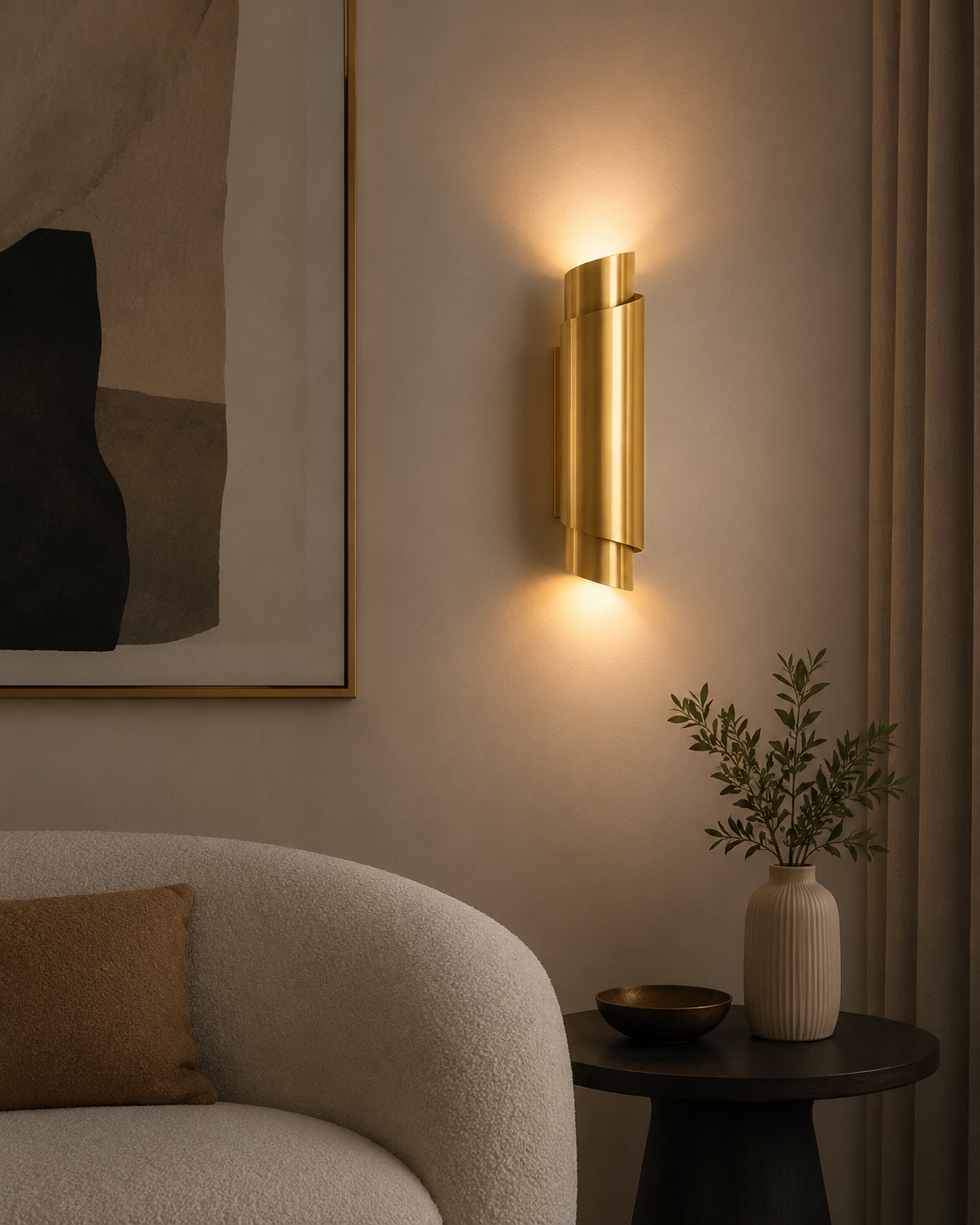 Sloane 12 inch curved brass wall sconce with warm up and down lighting in modern living room – Model 32758